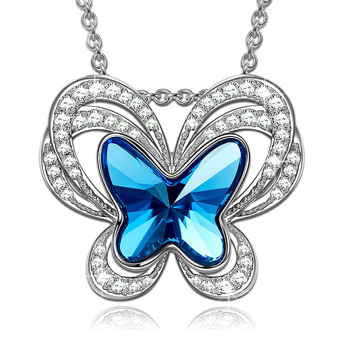 Bermuda Blue Flying Butterfly Pav'e Necklace featuring a butterfly pendant with AAAAA crystals on a 14K white gold plated link chain.