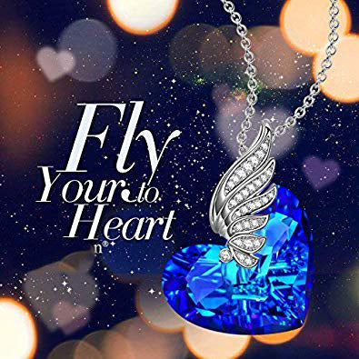 Bermuda Blue Pav'e Angel Shaped Necklace featuring a heart-shaped pendant with AAAAA crystals and a 14K white gold plated link chain.