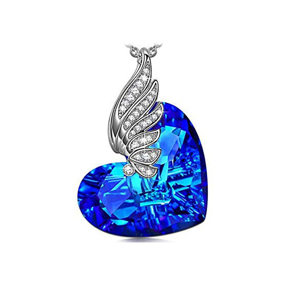 Bermuda Blue Pav'e Angel Shaped Necklace featuring a heart-shaped pendant with AAAAA crystals and a 14K white gold plated link chain.
