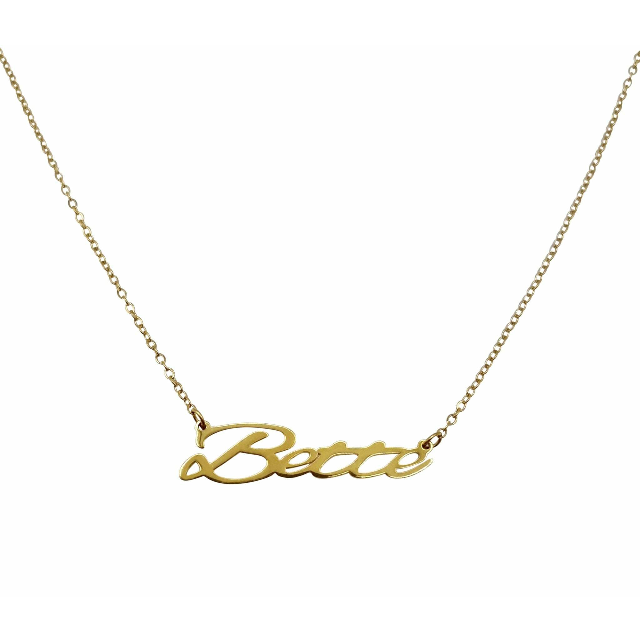 Bette Name Necklace featuring a personalized name design in tarnish-free gold plated stainless steel with an adjustable chain.