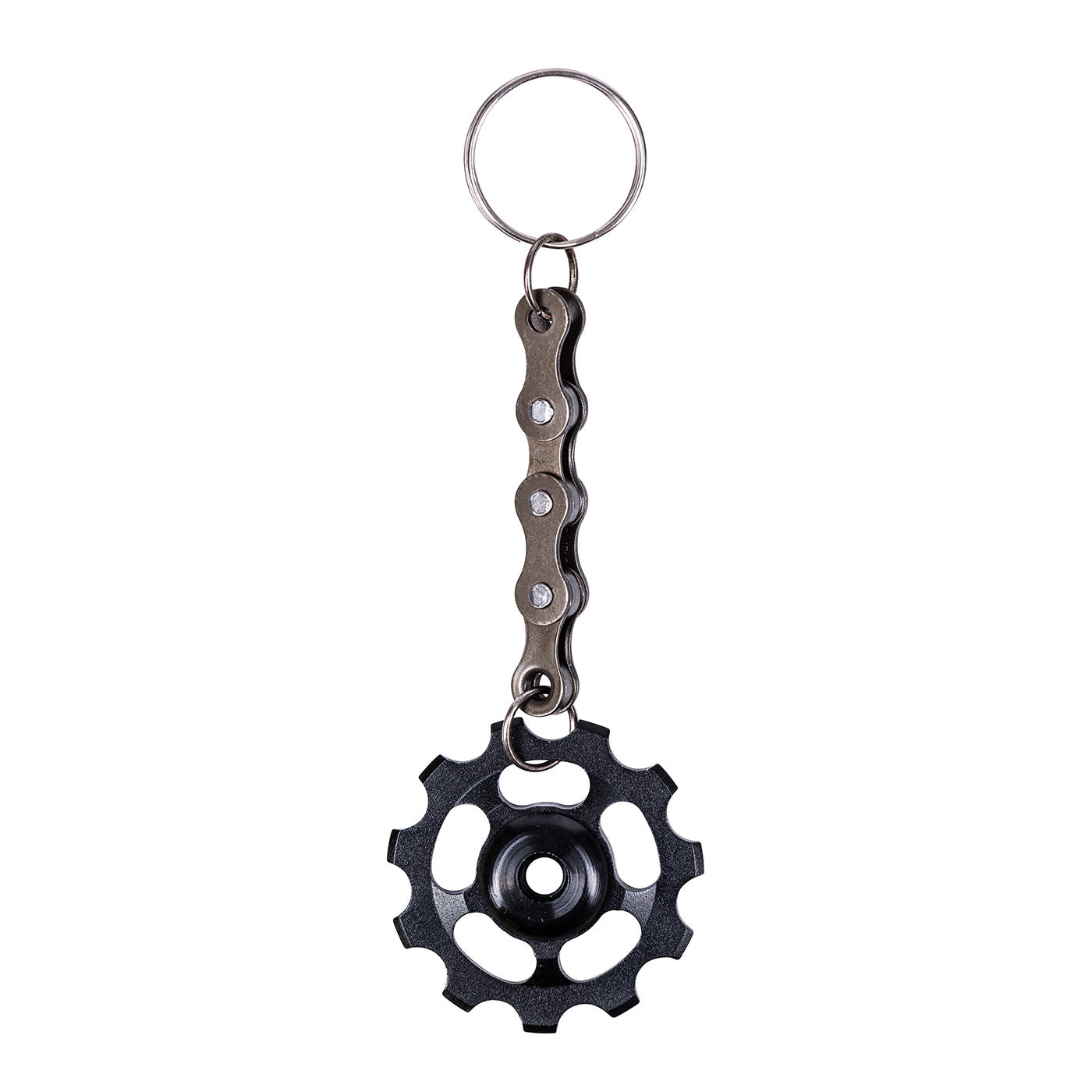 A colorful Bicycle Cog Funky Keyring made from recycled bike chains, showcasing its unique design and vibrant colors.