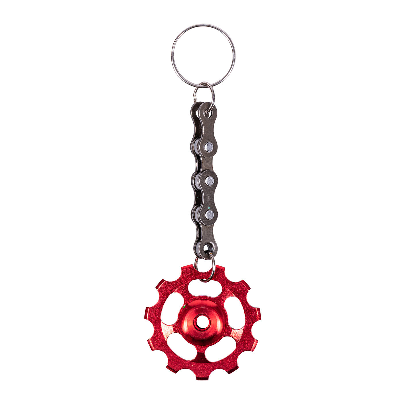 A colorful Bicycle Cog Funky Keyring made from recycled bike chains, showcasing its unique design and vibrant colors.
