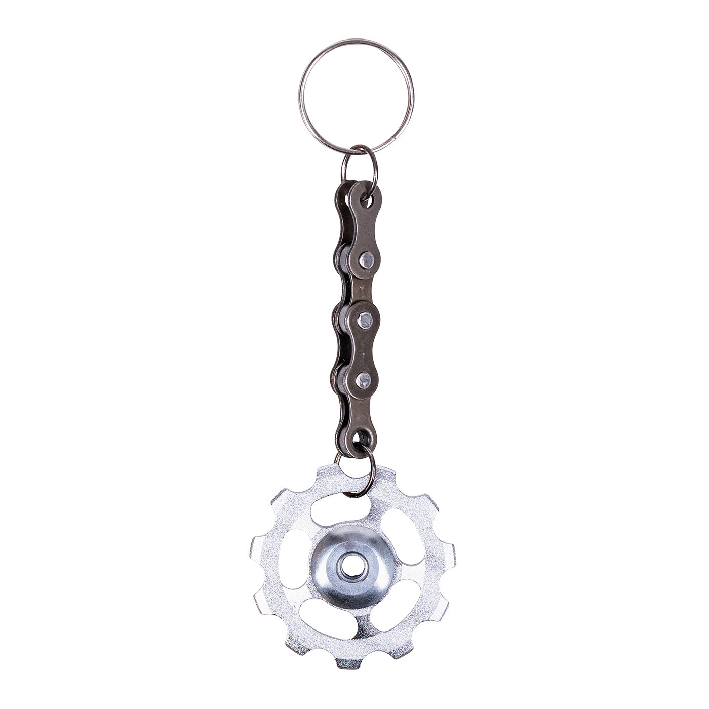 A colorful Bicycle Cog Funky Keyring made from recycled bike chains, showcasing its unique design and vibrant colors.