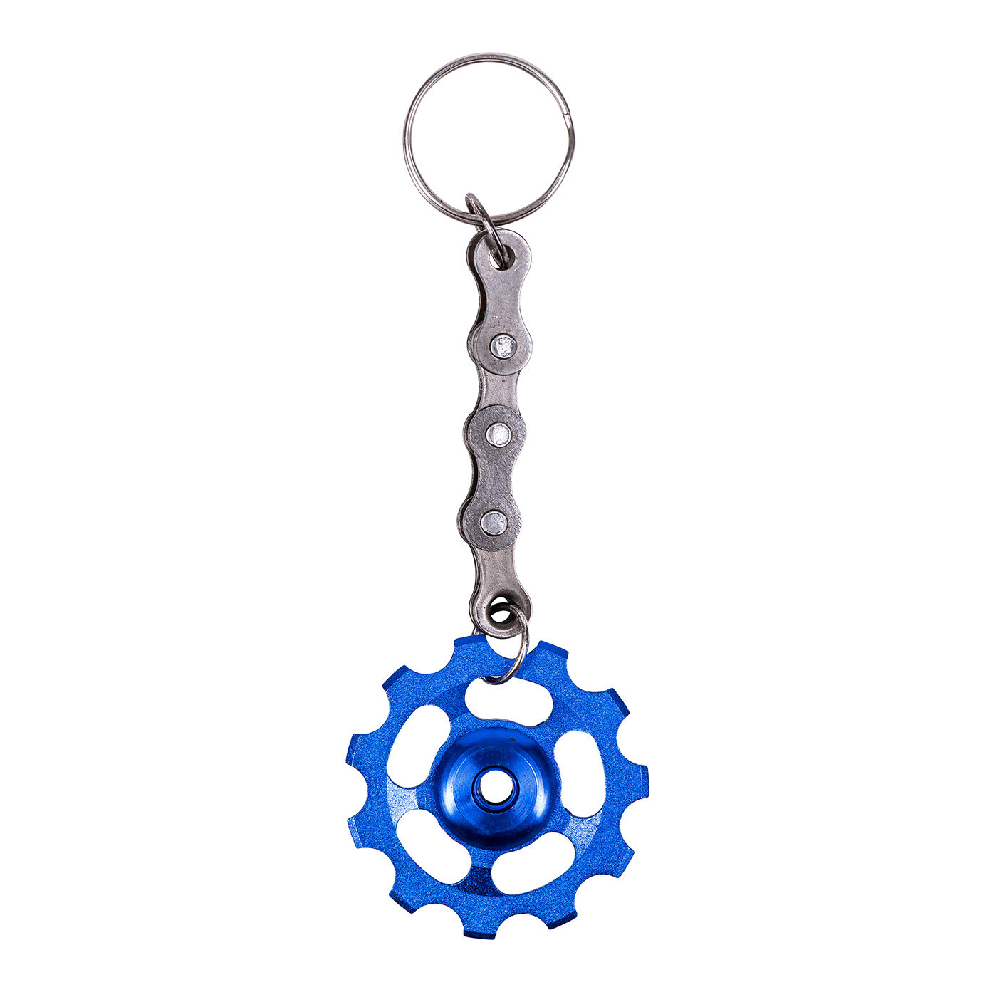 A colorful Bicycle Cog Funky Keyring made from recycled bike chains, showcasing its unique design and vibrant colors.