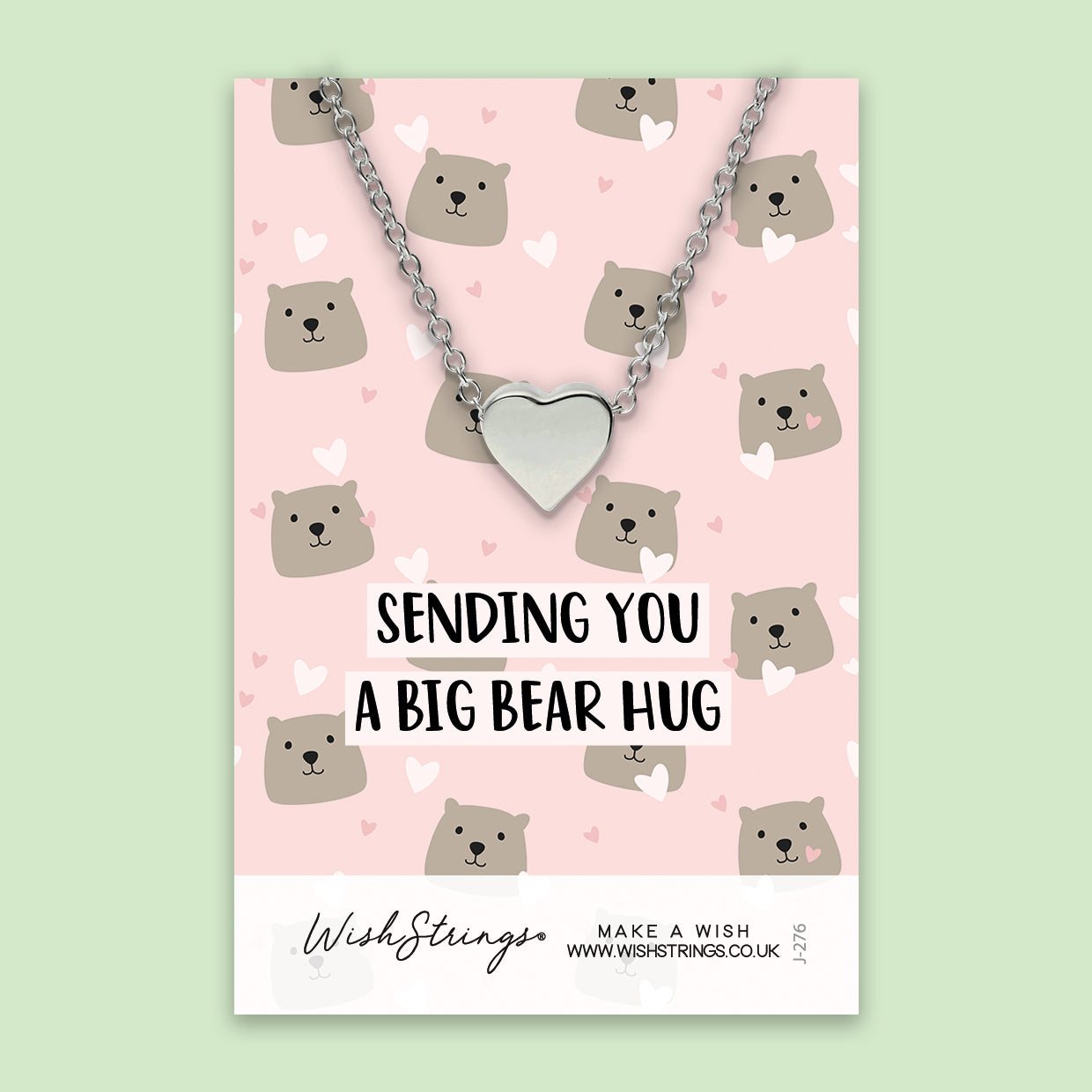 Big Bear Hug Heart Necklace, handmade in the UK, featuring a durable stainless steel base with a silver coating.
