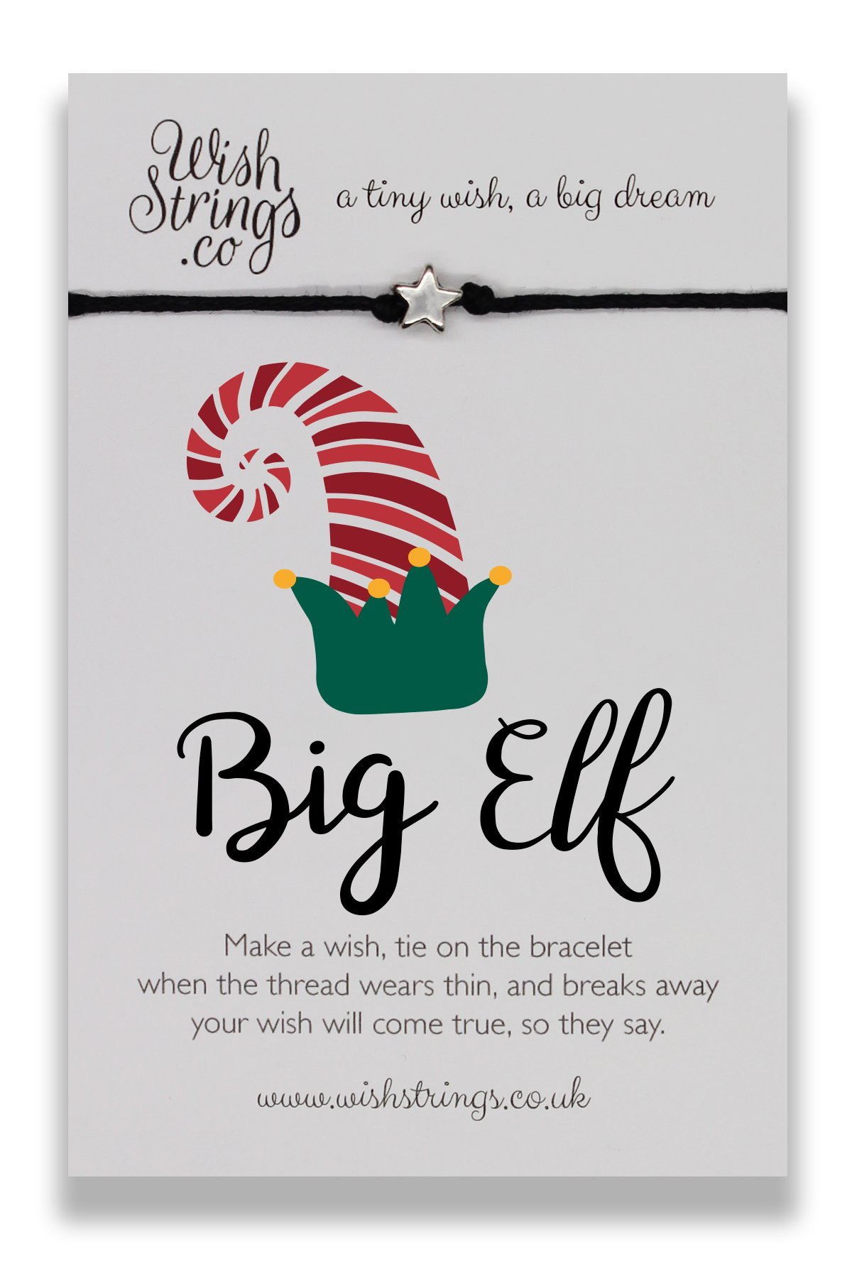 BIG ELF WishStrings Wish Bracelet featuring a Tibetan Silver charm on a waxed cotton cord, beautifully presented on a luxury display card.