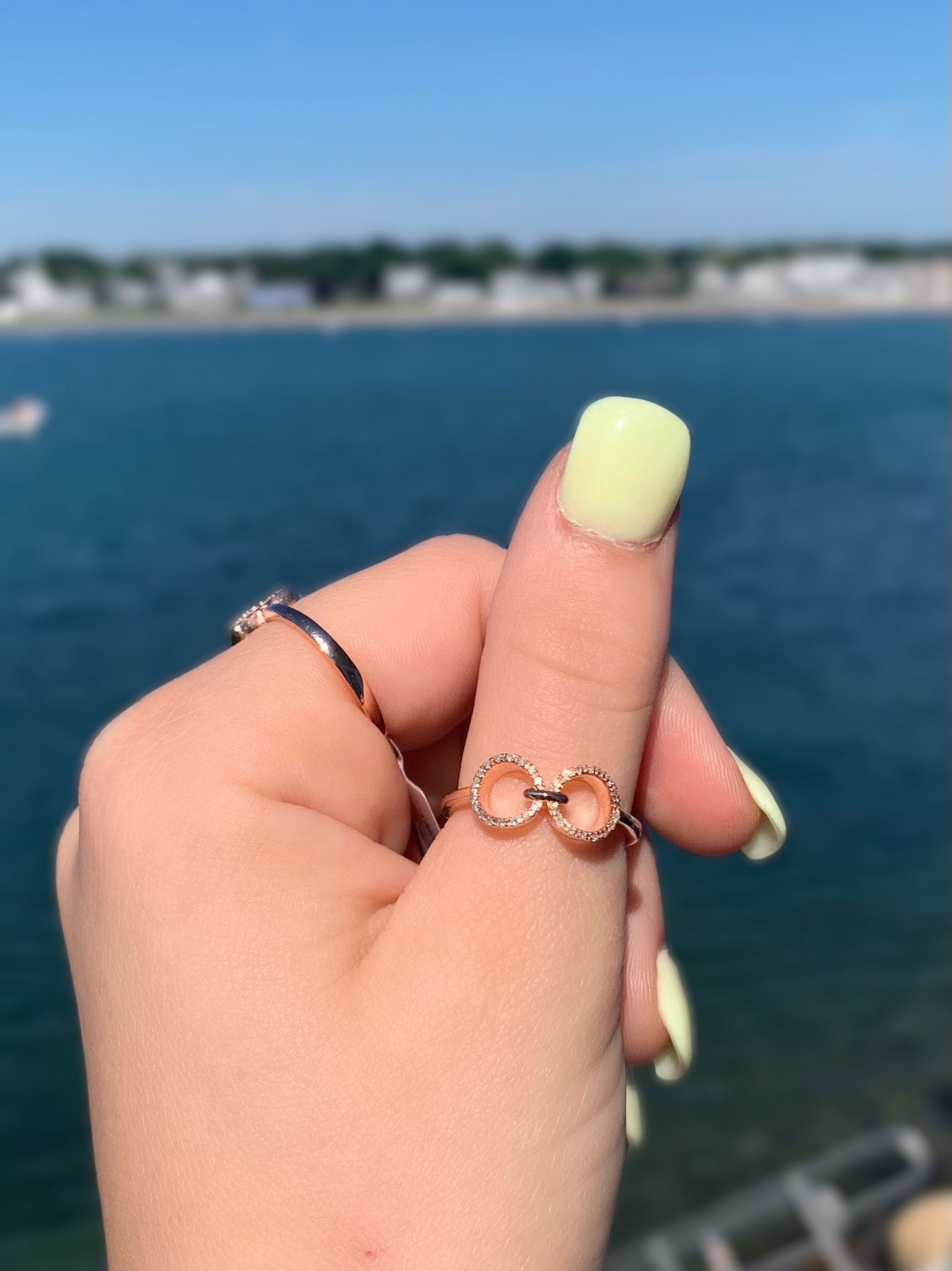 Elegant Binoculars Infinity Diamond Ring in 14K Rose Gold Vermeil, featuring genuine diamonds set in 925 Sterling Silver.