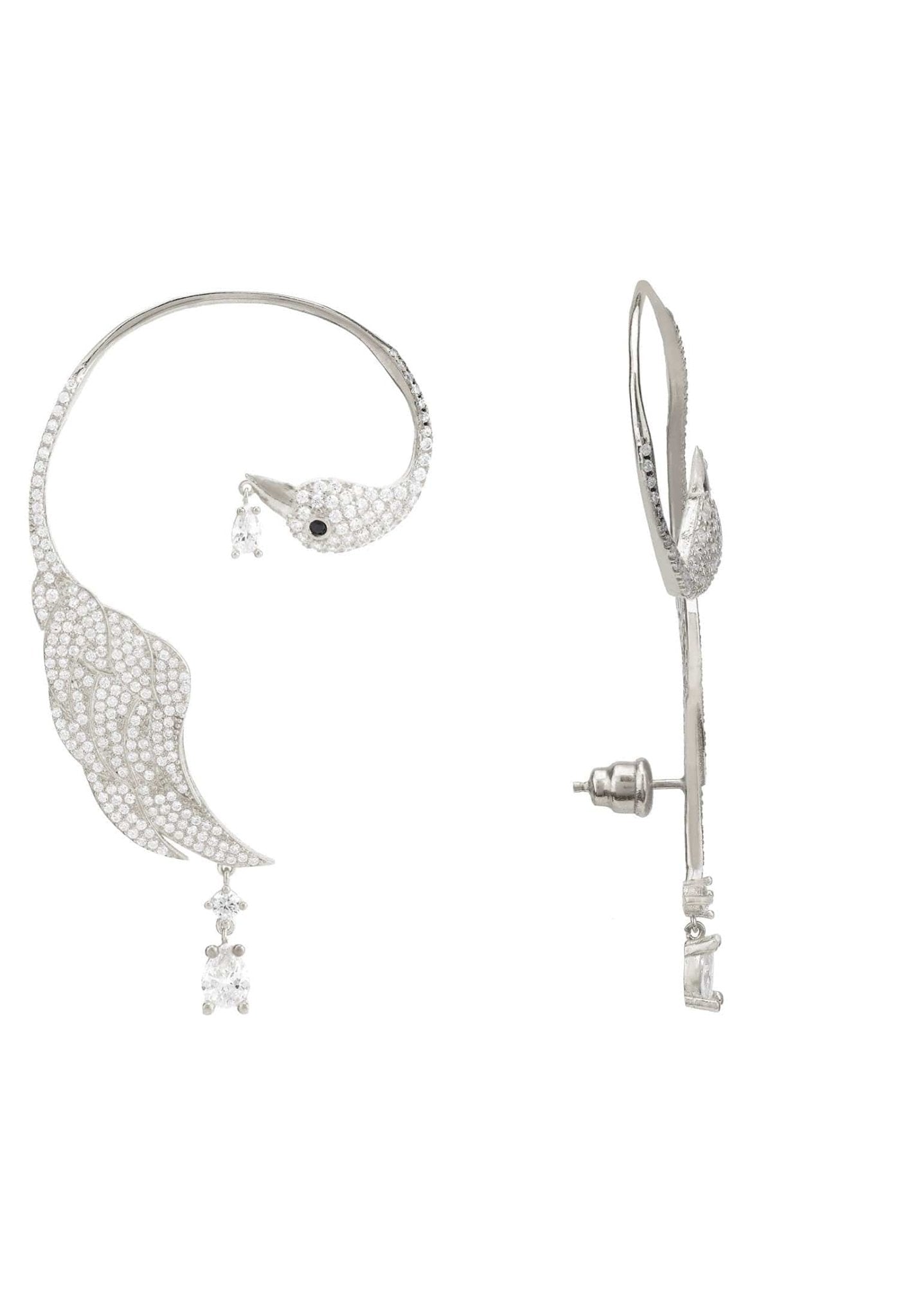 Bird Paradise Ear Climber in White Silver, elegantly designed to wrap around the ear with a dangling gemstone.