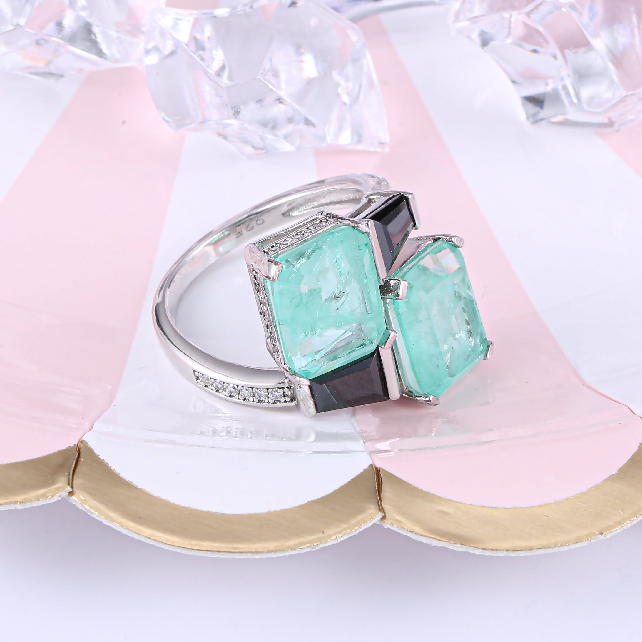 Elegant Black Baguette and See Blue Paraiba Fancy Ring in 925 sterling silver with white gold finish, showcasing vibrant stones.