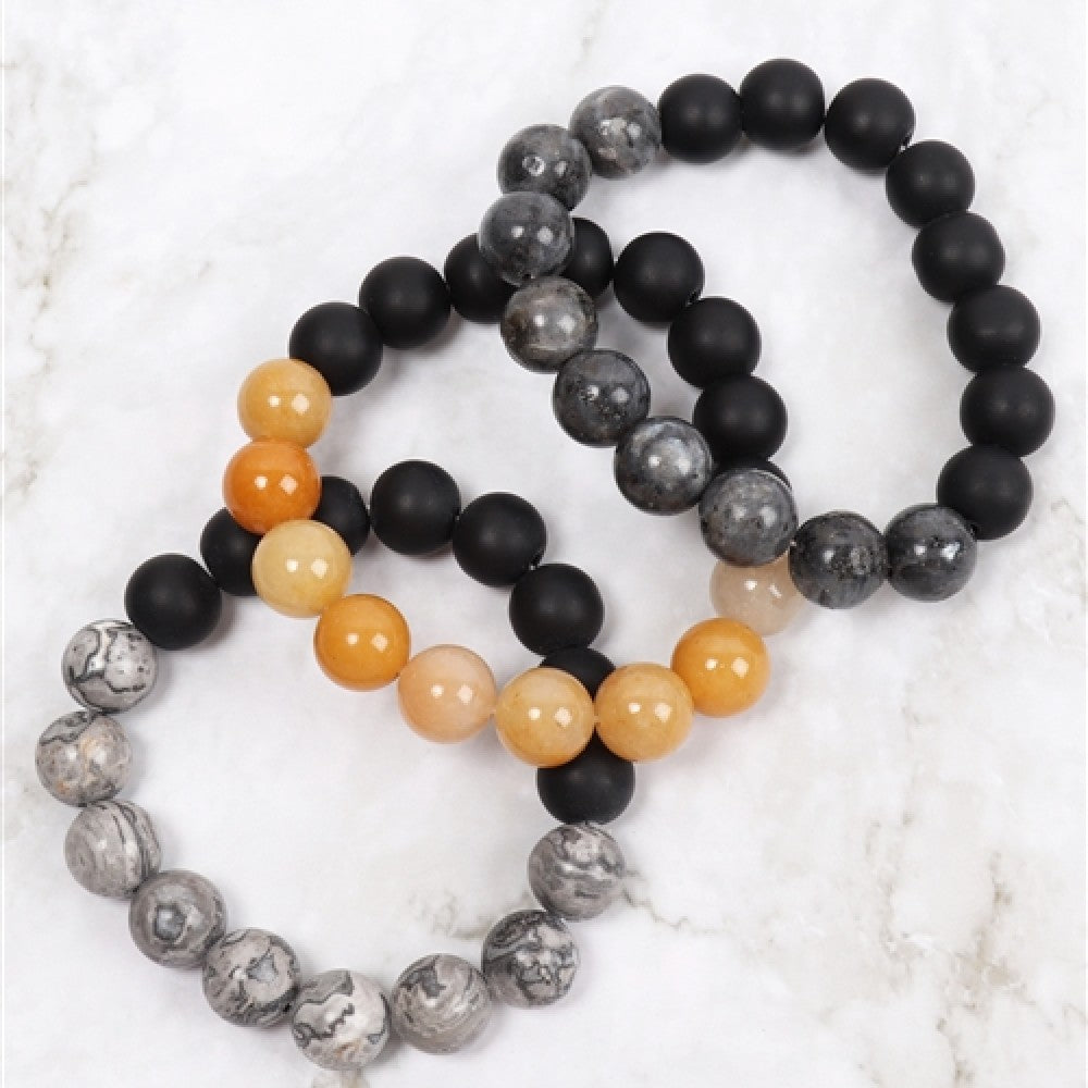 Black Beige Two Tone Natural Stone Unisex Bracelet showcasing a stylish design with natural stones in contrasting colors.
