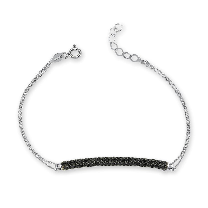 Black Curved Bar Chain Bracelet in Silver featuring black CZ crystals, handmade from 925 sterling silver with an elegant design.