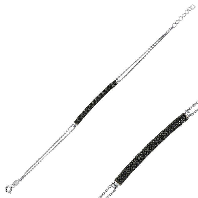 Black Curved Bar Chain Bracelet in Silver featuring black CZ crystals, handmade from 925 sterling silver with an elegant design.