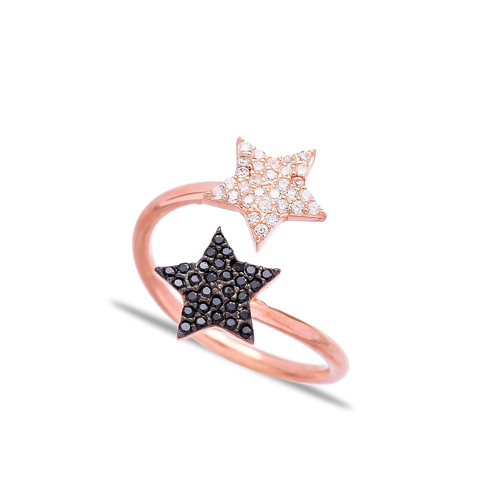 A stunning BLACK & GOLD Star Ring made of sterling silver, featuring cubic zirconia stones and an adjustable design.