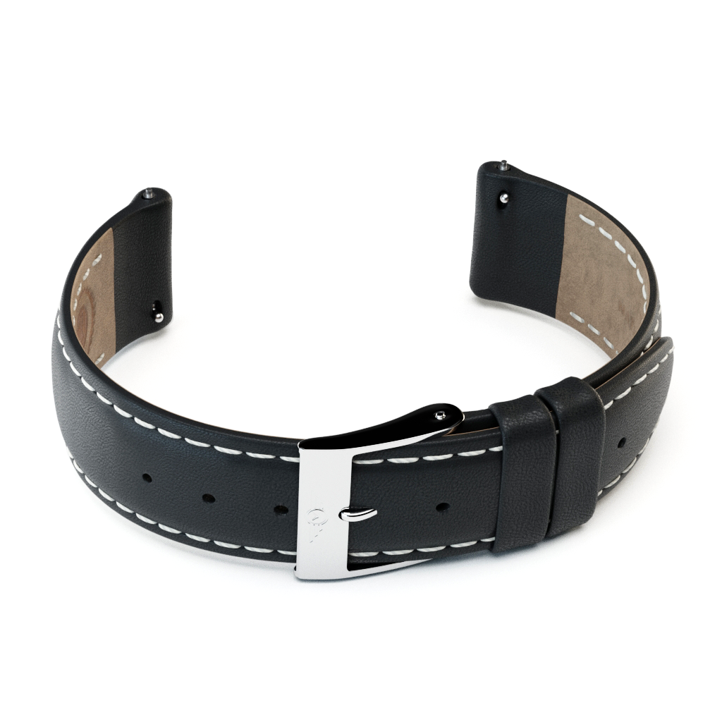 Black leather watch strap with silver gloss fittings, showcasing premium full-grain leather and stainless steel components.