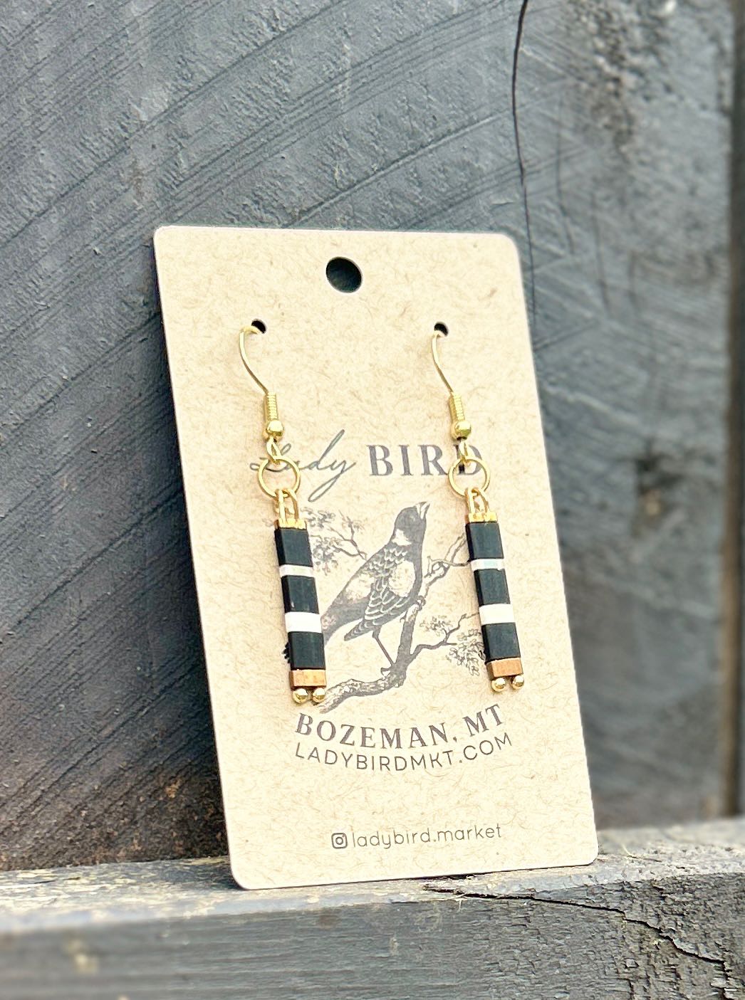 Elegant Black n' White Striped Tila Bead Earrings featuring gold or silver accents, handmade with quality Miyuki Tila beads.