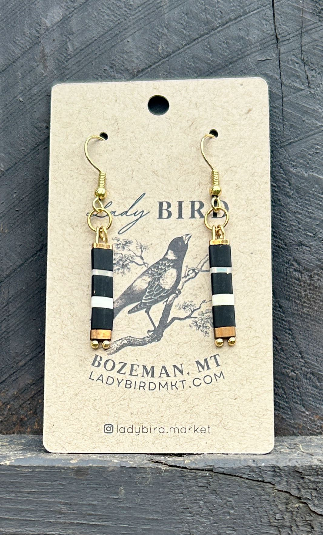 Elegant Black n' White Striped Tila Bead Earrings featuring gold or silver accents, handmade with quality Miyuki Tila beads.