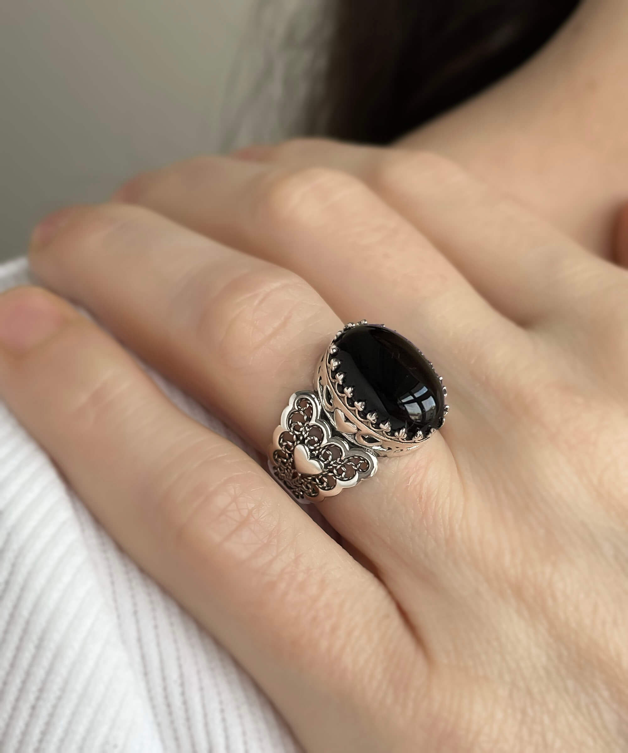 Black Onyx Gemstone Double Heart Filigree Art Ring in 925 Sterling Silver, showcasing intricate design and elegant craftsmanship.