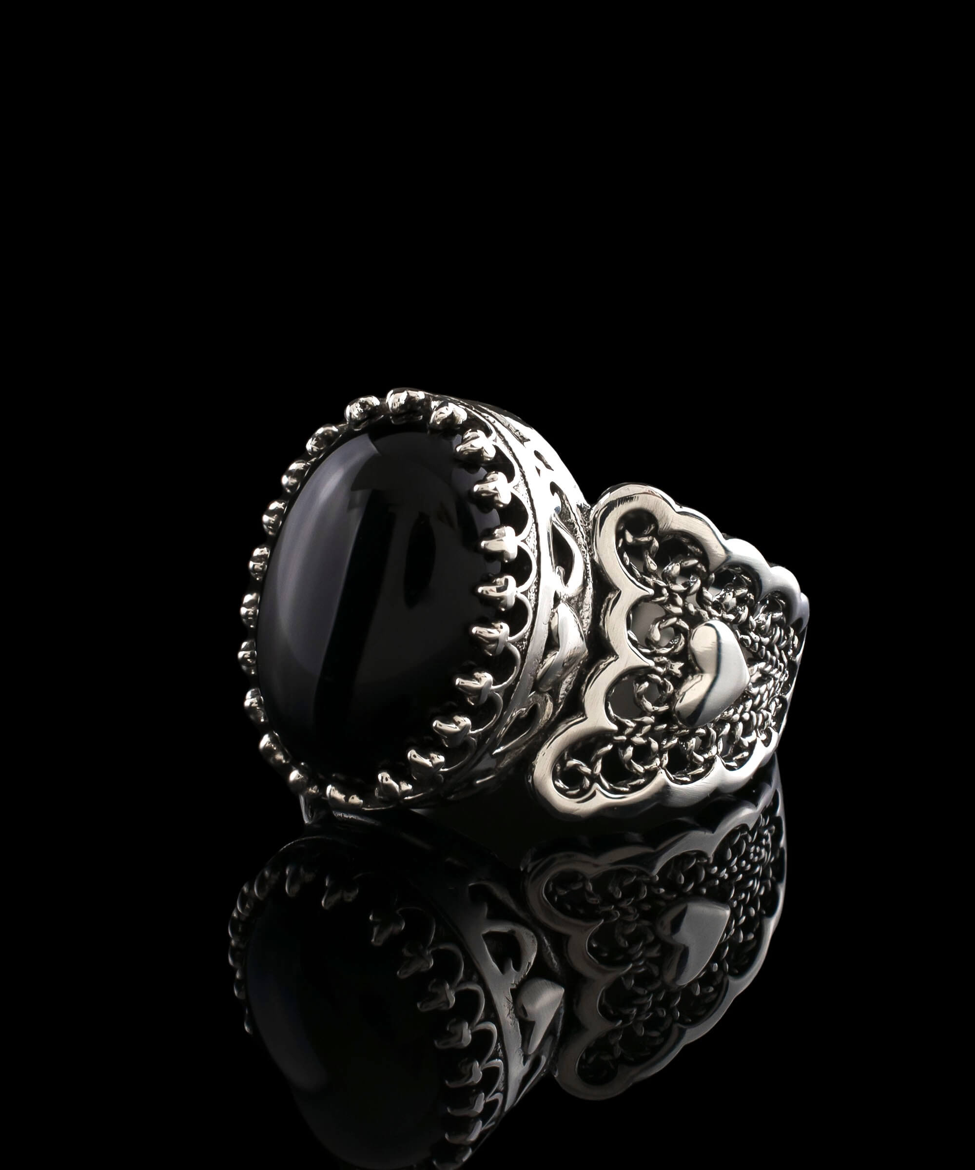 Black Onyx Gemstone Double Heart Filigree Art Ring in 925 Sterling Silver, showcasing intricate design and elegant craftsmanship.