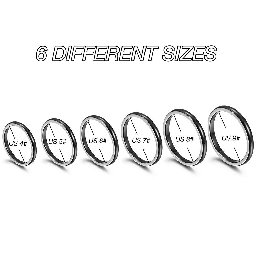 Set of 6 black thin stack rings made from surgical stainless steel with 14K gold PVD plating, showcasing a modern and elegant design.