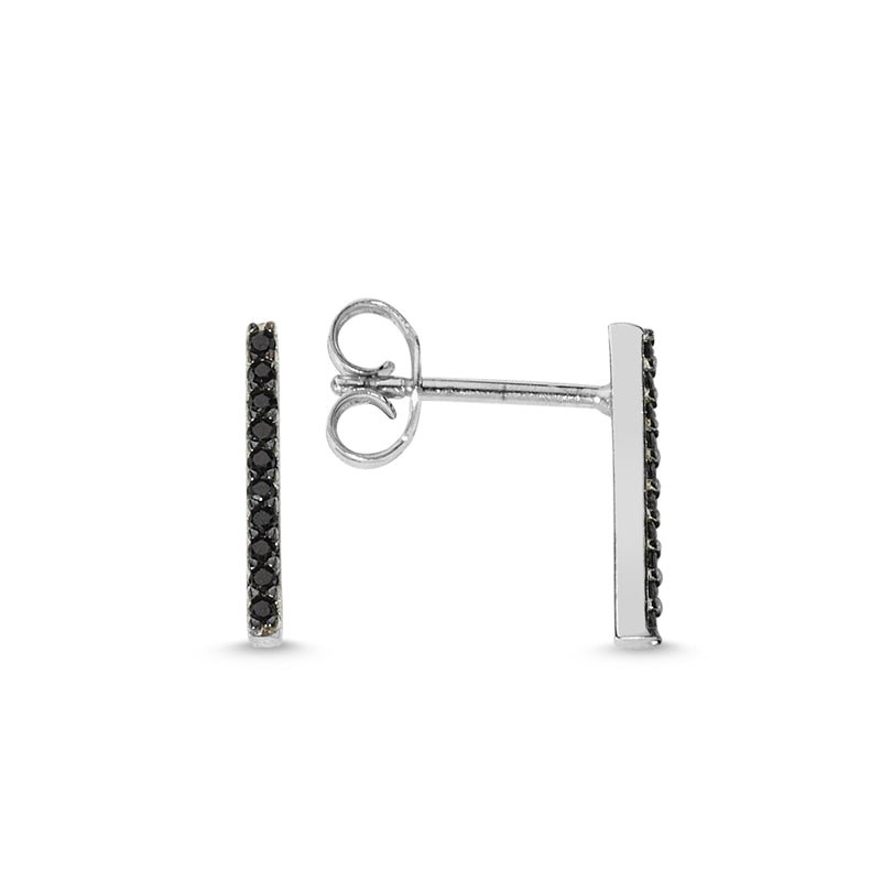 Black trendy silver bar studs earrings featuring black CZ crystals, handmade with 925 sterling silver and rhodium plating.