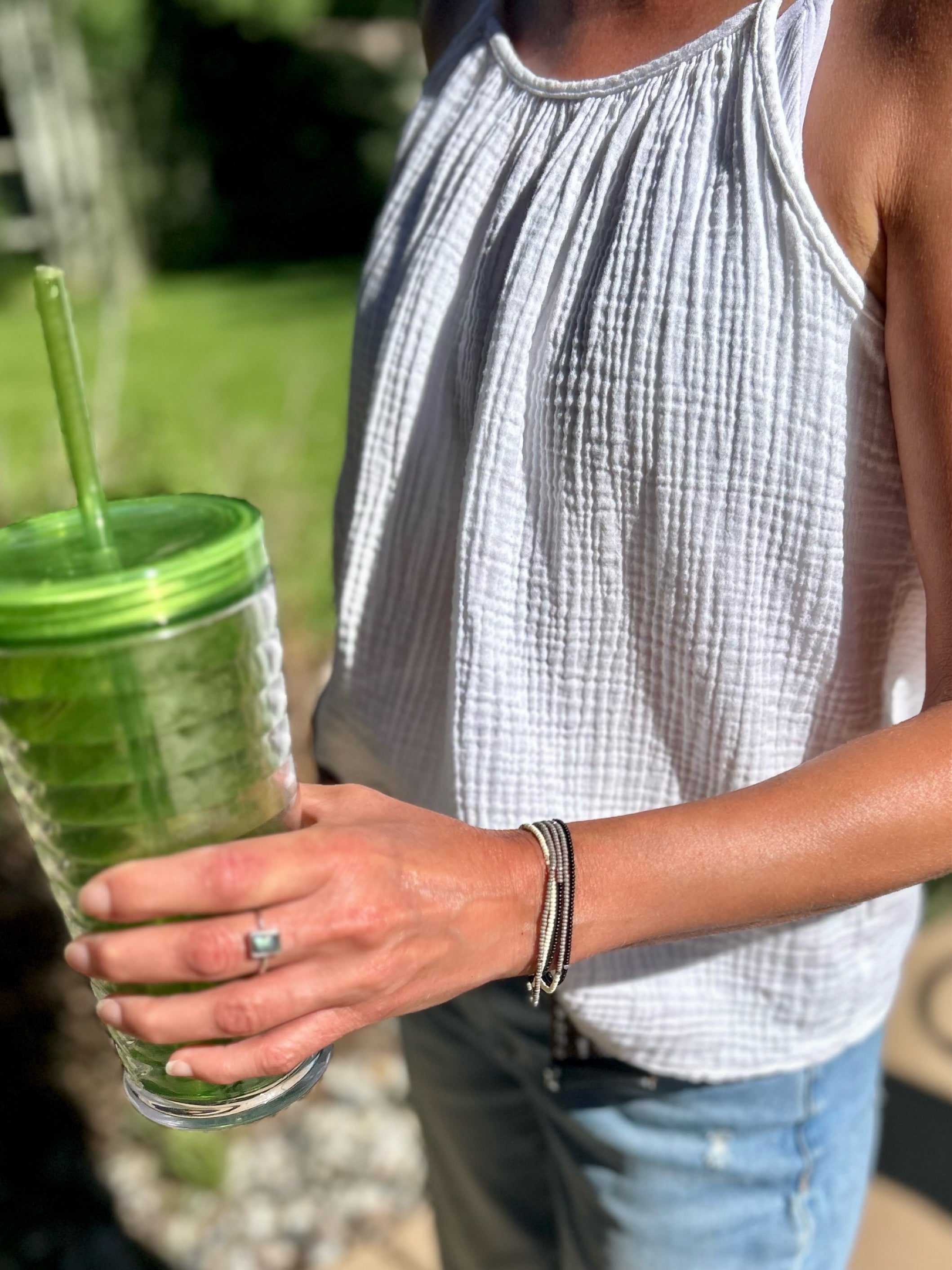 Black & White Color Vibes Silver-Sprinkle Beaded 5-Wrap Boho Bracelet featuring Czech glass seed beads and silver specks on elastic cording.