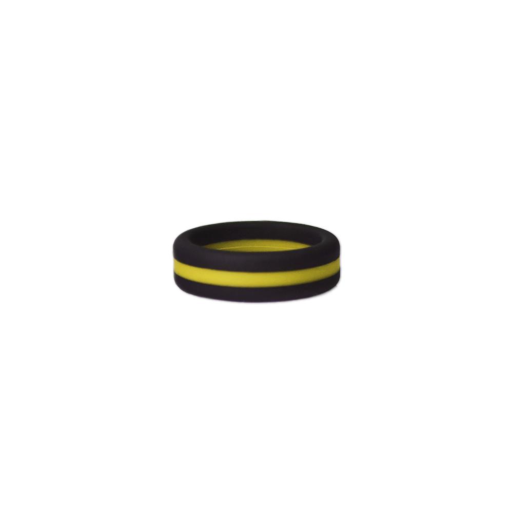Black and yellow striped silicone ring designed for sports fans, showcasing team spirit and comfort.