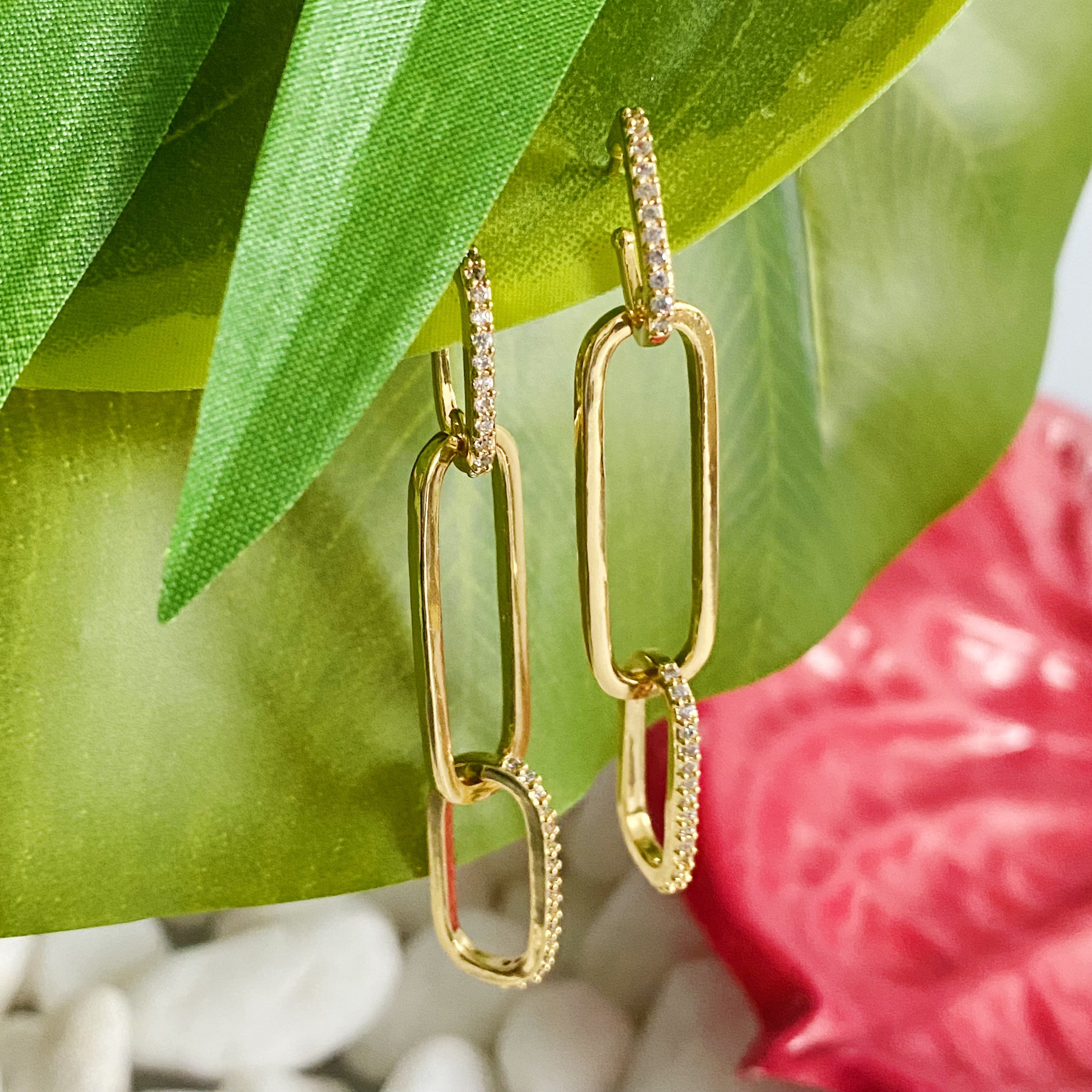 Elegant Blink Link Drop Earrings featuring a modern linked design with sparkling cubic zirconia accents, 18k gold plated brass.