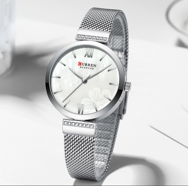 Blith women's watch I 551121 featuring a simple white dial and metal chain strap in pink and silver colors.