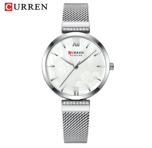 Blith women's watch I 551121 featuring a simple white dial and metal chain strap in pink and silver colors.