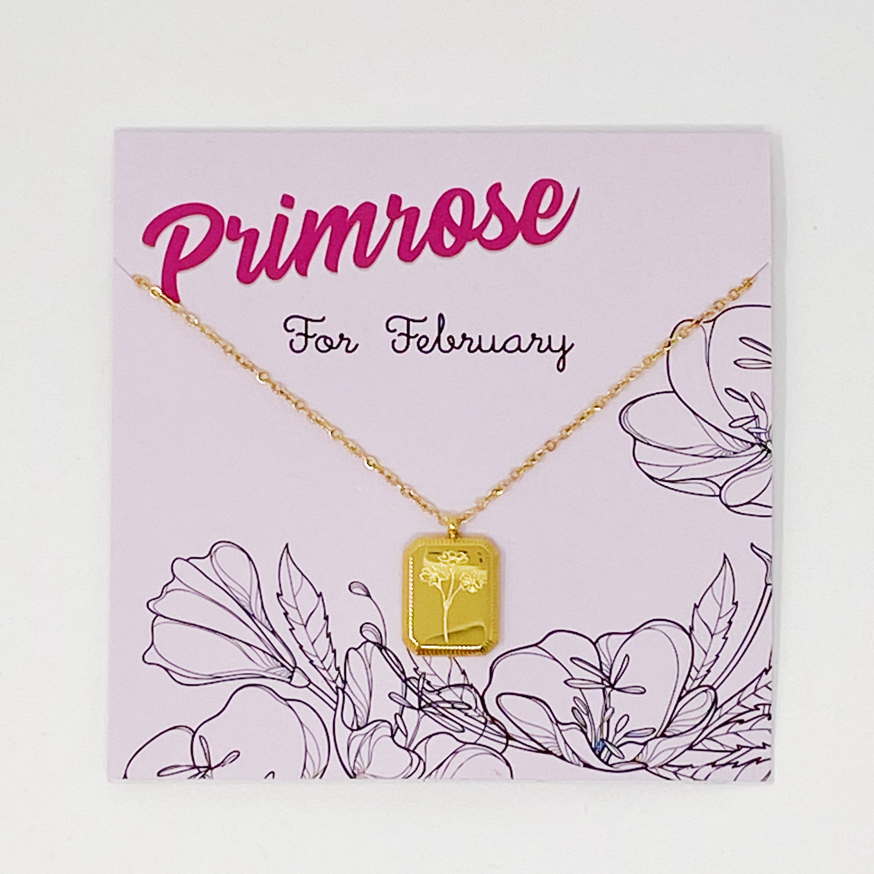 Blooming Birth Month Necklace featuring engraved flowers for each month, gold plated stainless steel with a square pendant and detailed edge finish.