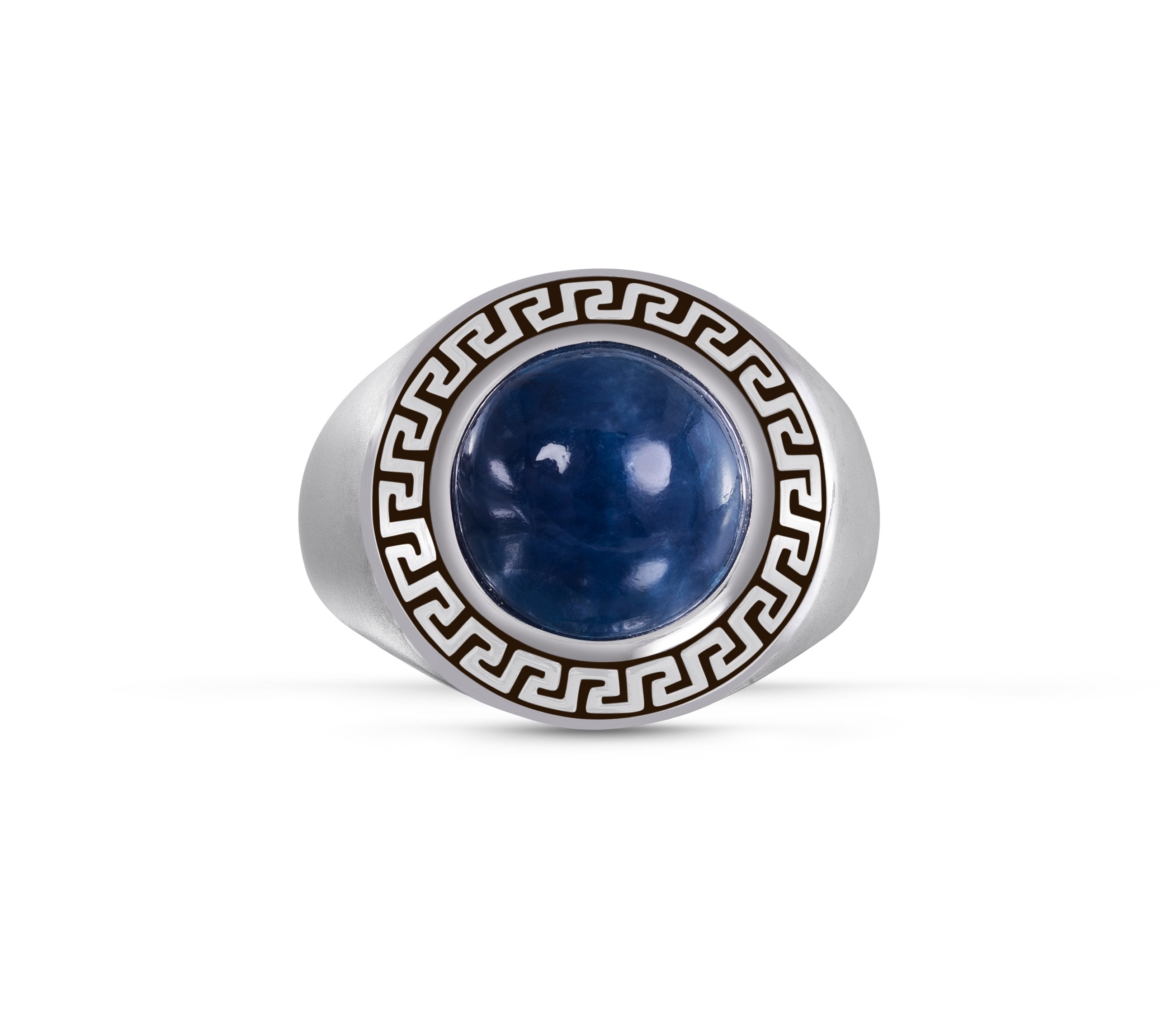 Elegant Blue Apatite Stone Signet Ring in Black Rhodium Plated Sterling Silver with Byzantine-inspired design.