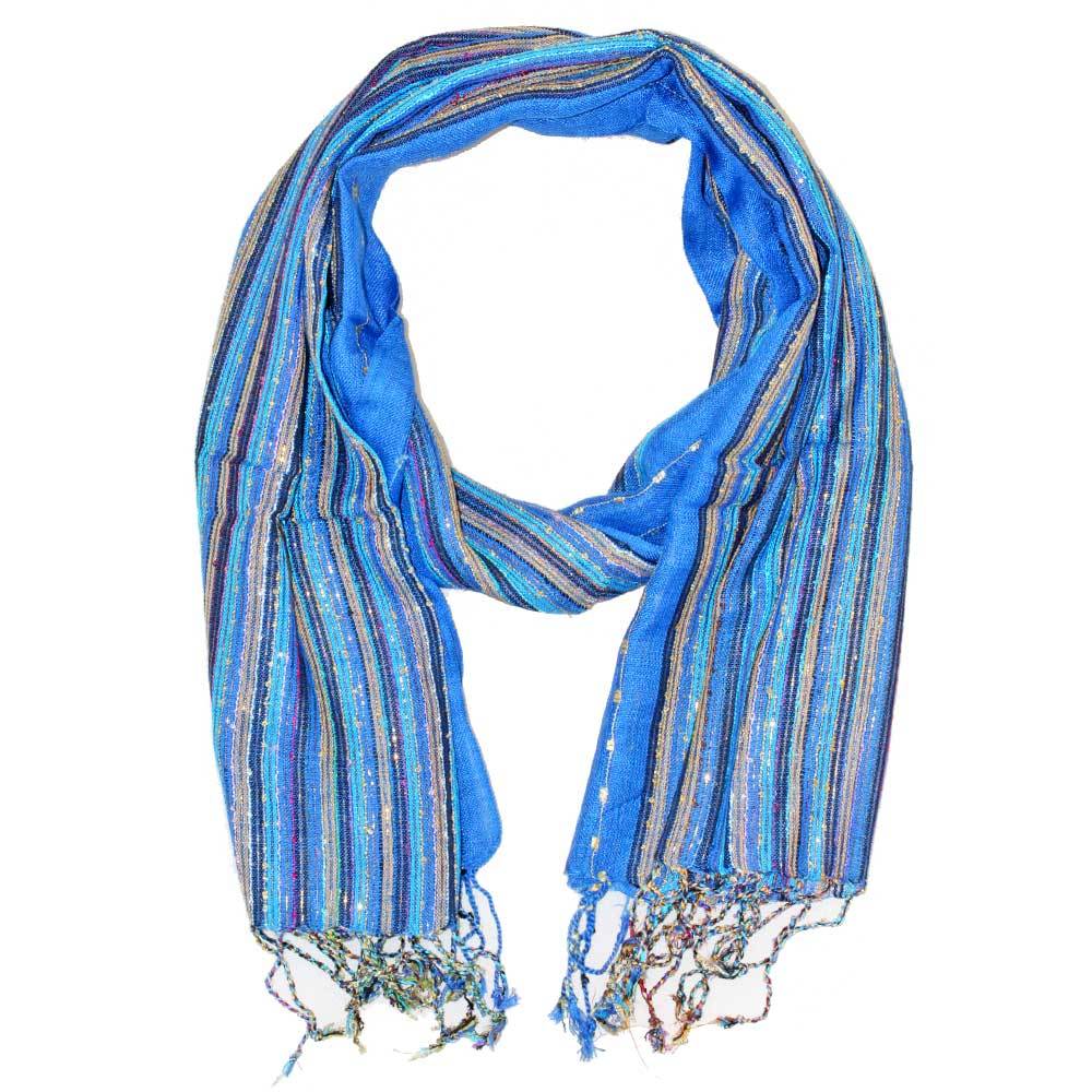 A stylish blue cotton scarf with shimmering multi-color stripes and tassels, perfect for adding elegance to any outfit.
