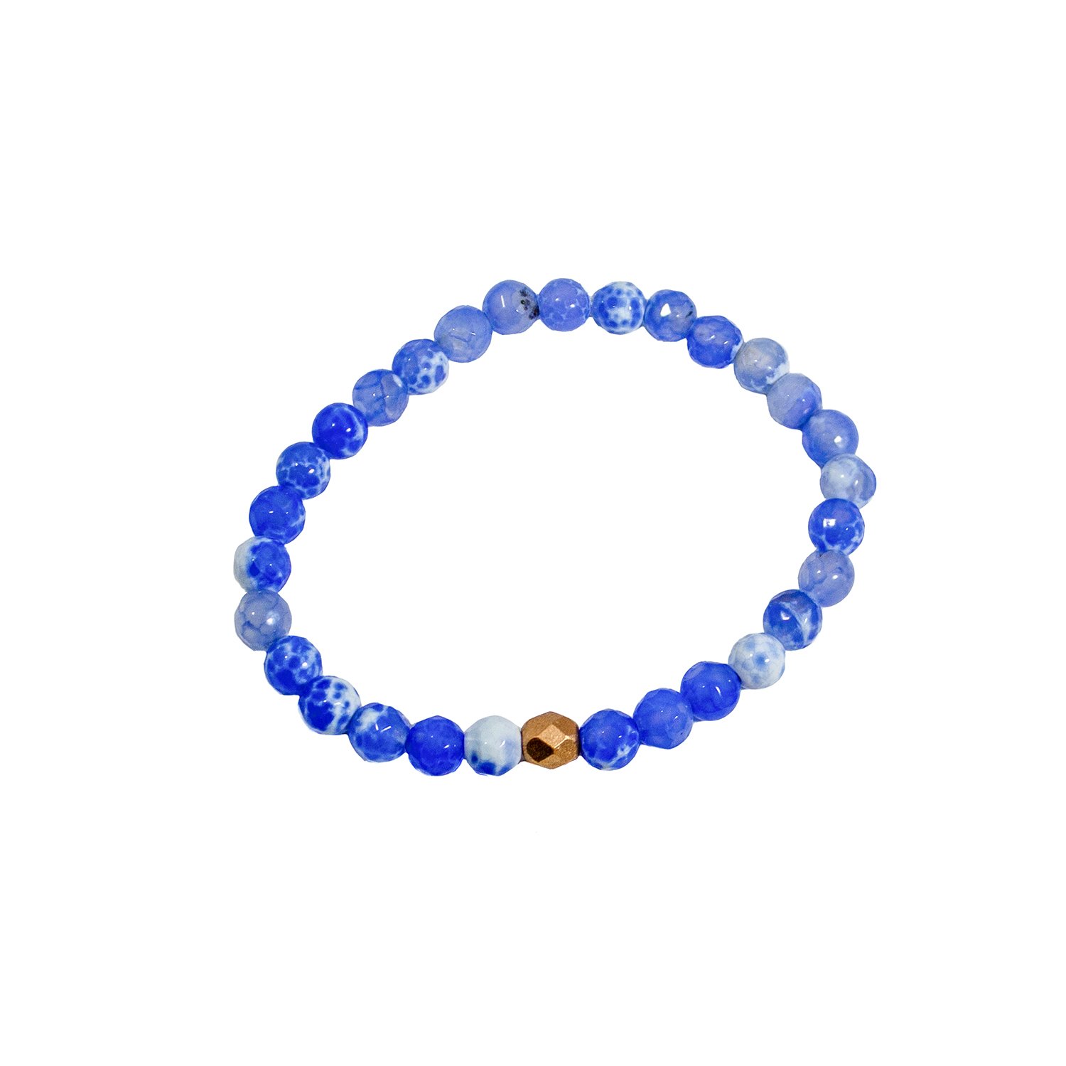 A vibrant blue crackled agate stretch bracelet with gold plated brass accents, showcasing its unique bead patterns.