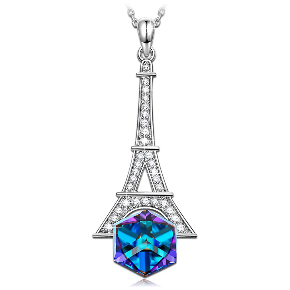 Blue Cubic Zirconia Eiffel Tower Necklace with Rhodium Plating, featuring a princess cut stone and a link chain.