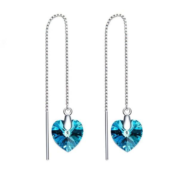 Elegant Blue Elements Dangling Heart Shaped Threader Earrings in 14K White Gold, showcasing vibrant blue stones and a delicate design.