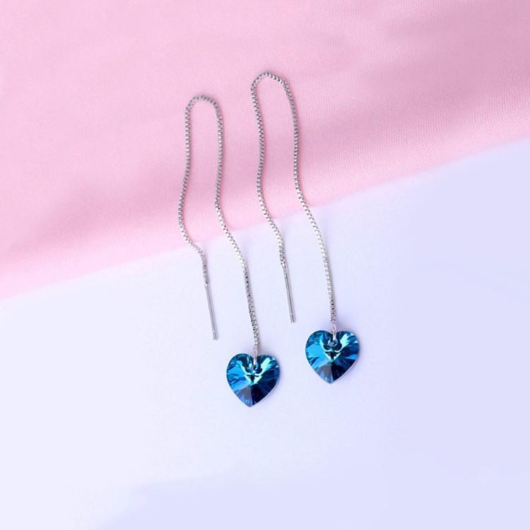 Elegant Blue Elements Dangling Heart Shaped Threader Earrings in 14K White Gold, showcasing vibrant blue stones and a delicate design.