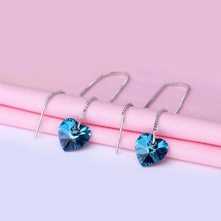 Elegant Blue Elements Dangling Heart Shaped Threader Earrings in 14K White Gold, showcasing vibrant blue stones and a delicate design.
