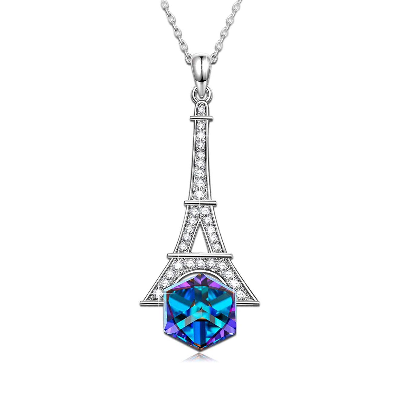 Elegant Blue Elements Eiffel Towel Pav'e Necklace featuring a princess cut blue stone pendant in 14K white gold plating.