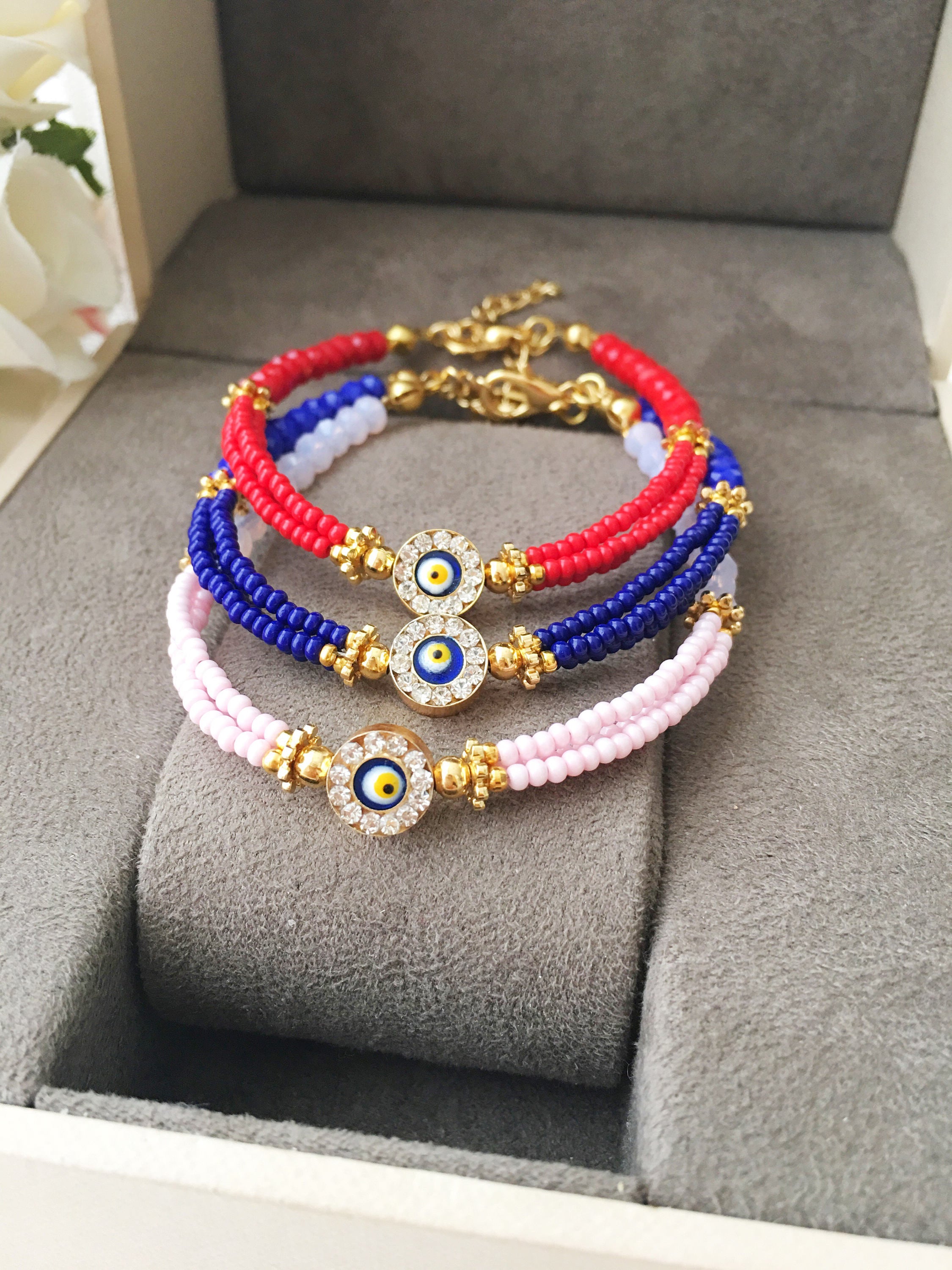 Handmade Blue Evil Eye Bracelet featuring Miyuki beads, symbolizing luck and protection, with a vibrant blue color and evil eye charm.