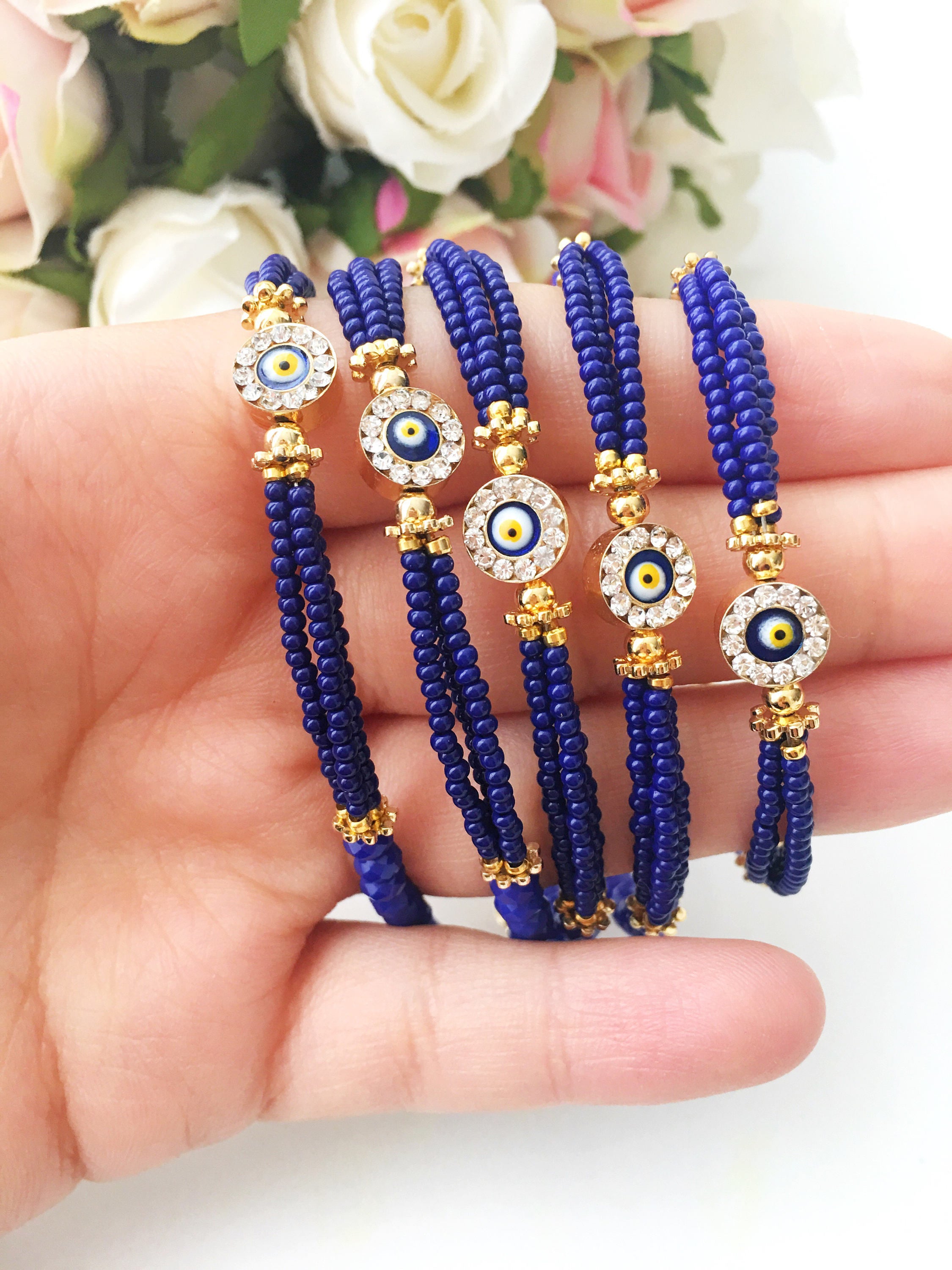 Handmade Blue Evil Eye Bracelet featuring Miyuki beads, symbolizing luck and protection, with a vibrant blue color and evil eye charm.