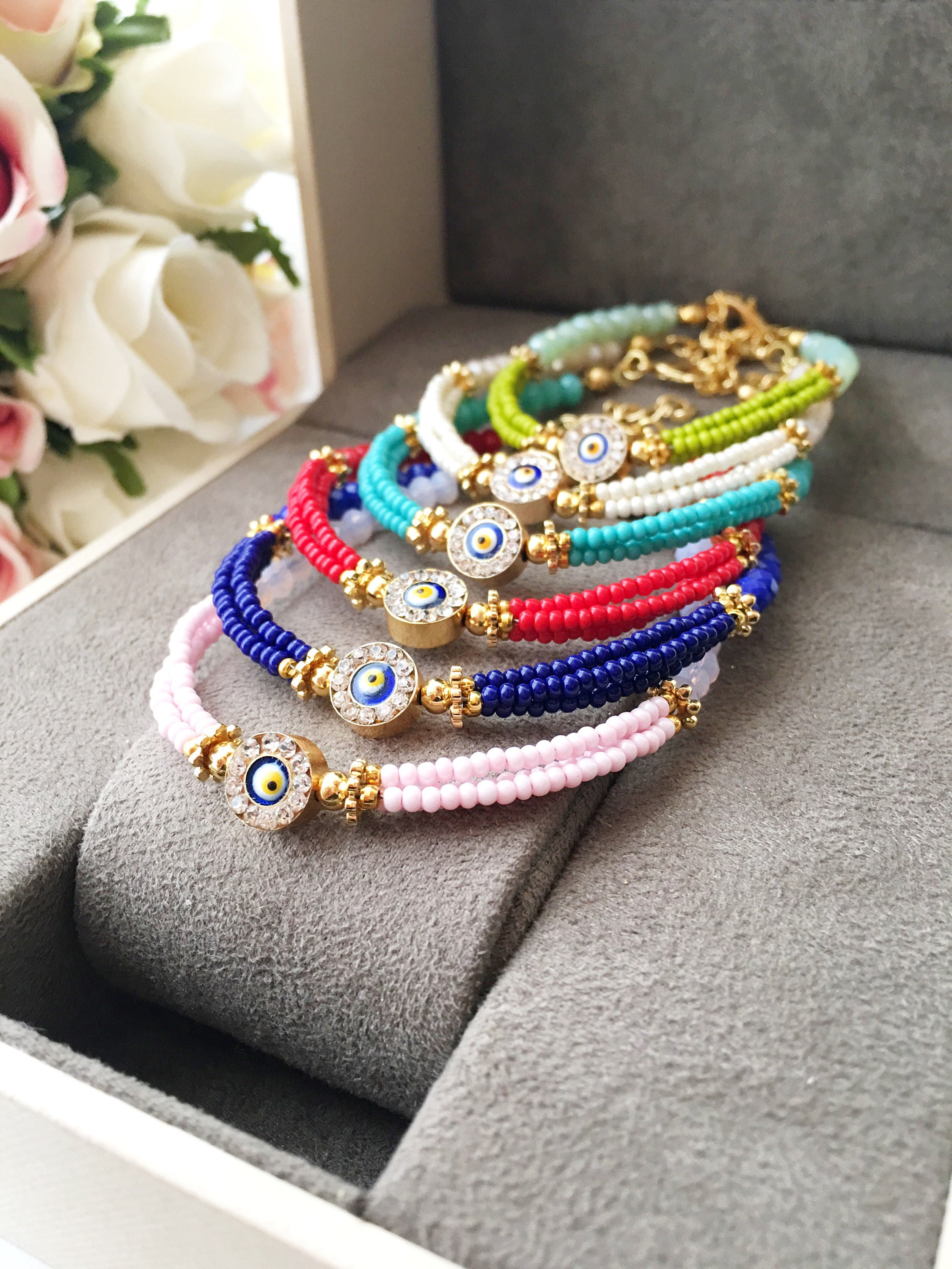 Handmade Blue Evil Eye Bracelet featuring Miyuki beads, symbolizing luck and protection, with a vibrant blue color and evil eye charm.