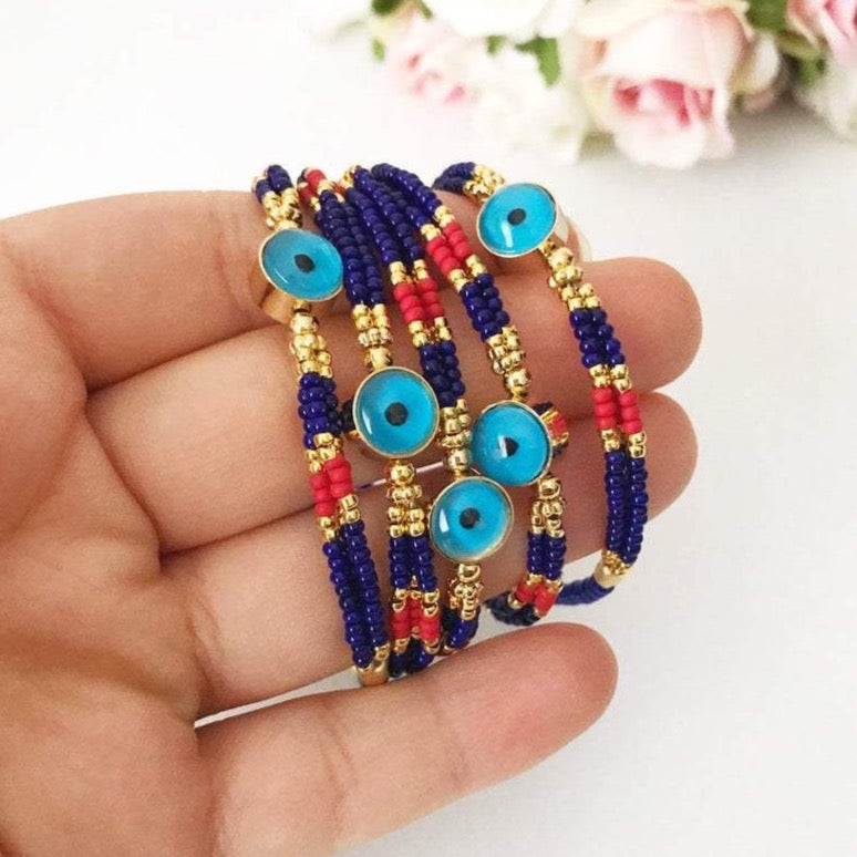 Handmade Blue Evil Eye Bracelet featuring Miyuki seed beads, symbolizing protection and luck.