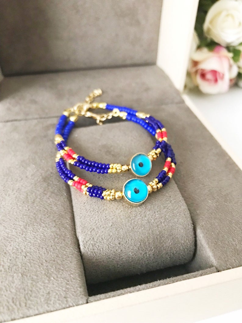 Handmade Blue Evil Eye Bracelet featuring Miyuki seed beads, symbolizing protection and luck.