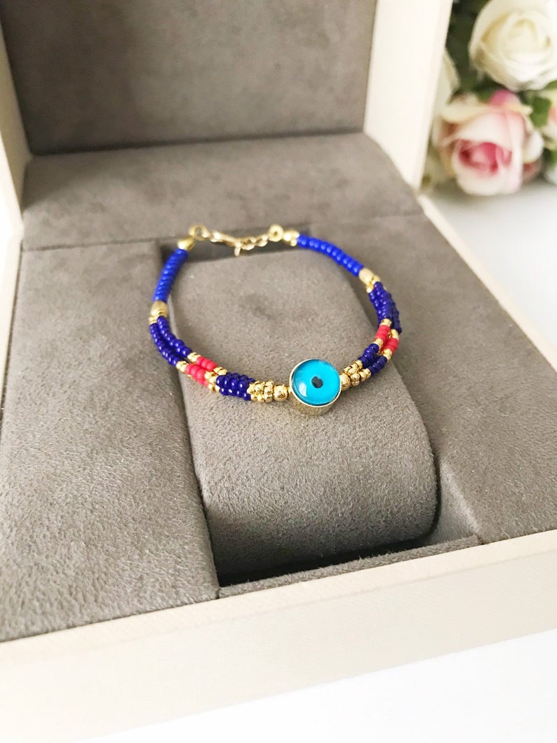 Handmade Blue Evil Eye Bracelet featuring Miyuki seed beads, symbolizing protection and luck.