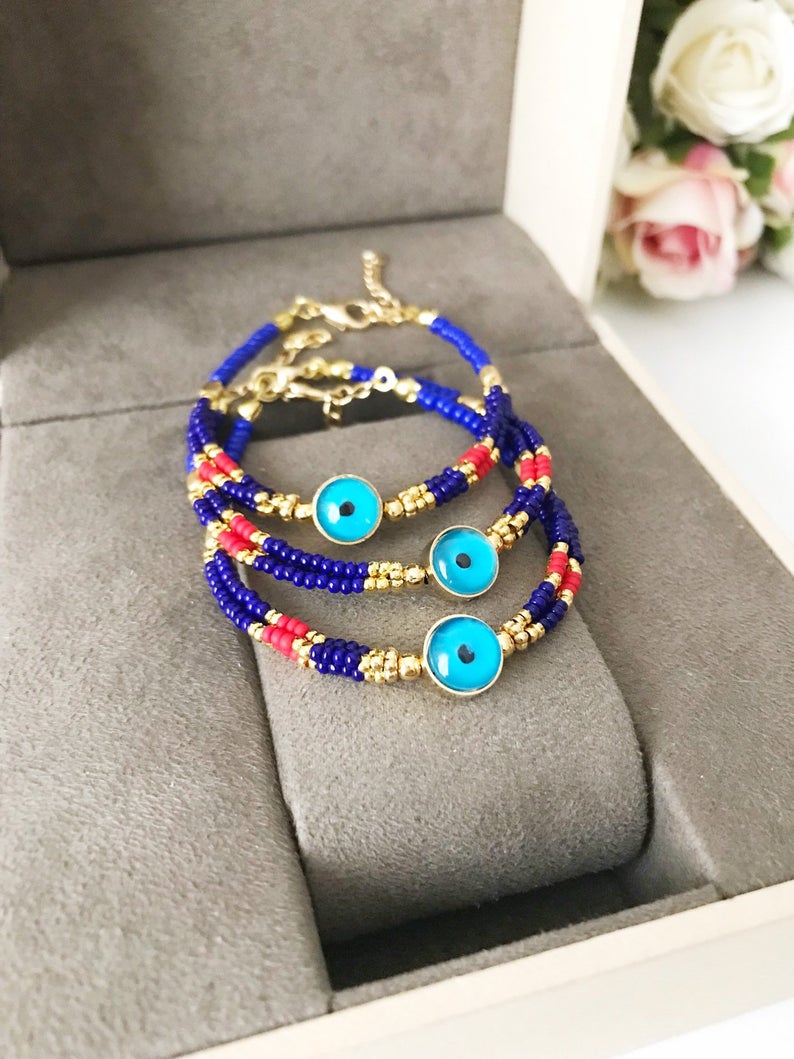 Handmade Blue Evil Eye Bracelet featuring Miyuki seed beads, symbolizing protection and luck.
