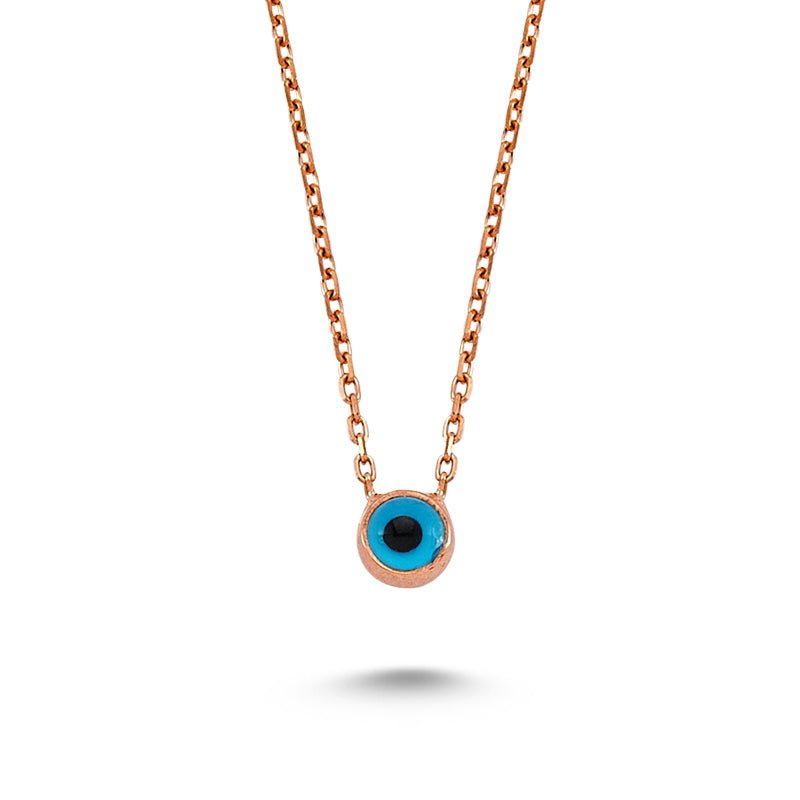 Handmade Blue Evil Eye Necklace Pendant in Silver with 18k Rose Gold or Rhodium plating, featuring a delicate silver chain.