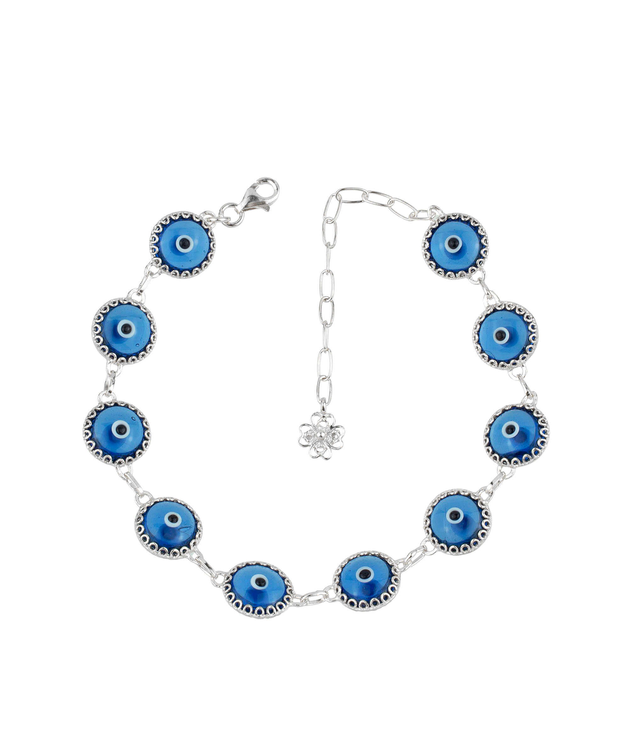 Blue Evil Eye Sterling Silver Adjustable Link Bracelet featuring a strong rolo chain and ten blue evil eye beads wrapped in silver prongs.