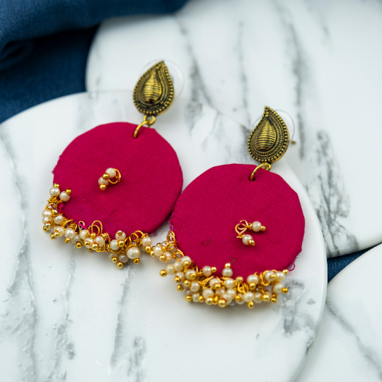 Blue Handmade Round Plain Poth White Pearl Fabric Earrings showcasing intricate fabric design and lustrous white pearls.