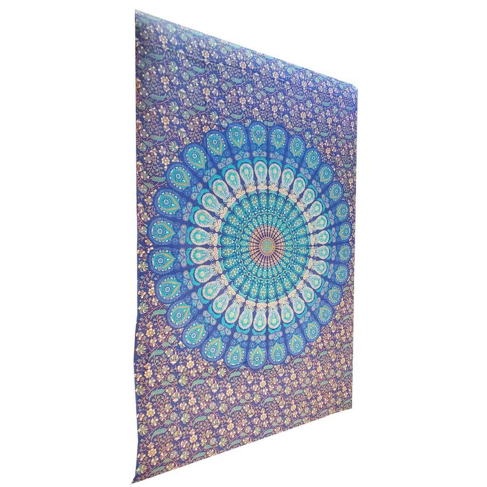 Blue Henna Art Peacock Mandala Tapestry featuring intricate henna designs in vibrant turquoise color, perfect for home decor or outdoor use.
