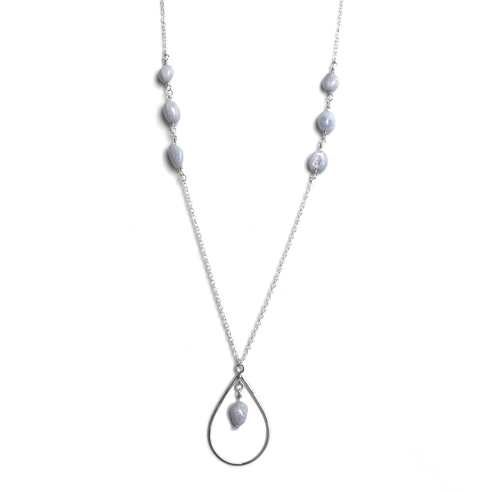 A beautiful blue lace agate teardrop pendant necklace made of 925 sterling silver, showcasing its elegant design and soft lavender hue.